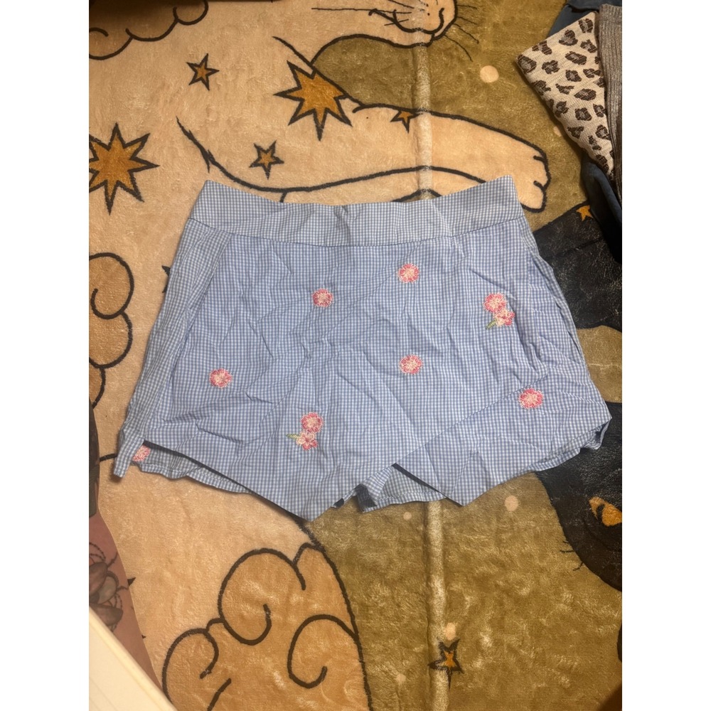 Floral Embroidered‎ Gingham Skort Shorts, Blue Checkered Skirt Shorts